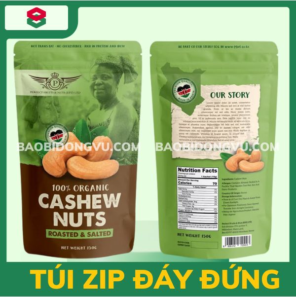 Túi zip đáy đứng đựng hạt điều được in phủ mờ sang trọng