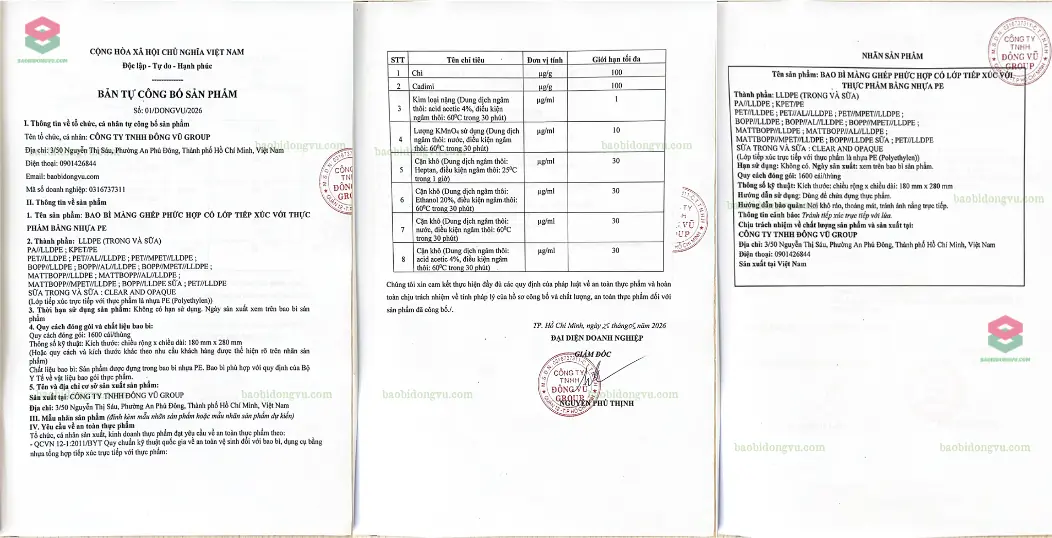 Bản tự công bố chất lượng màng ghép in Offset UV đạt chuẩn VSTP