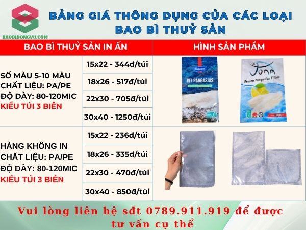 Bảng giá bao bì thủy sản Đông Vũ