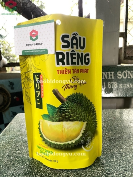 Túi đáy đứng đựng sầu riêng sấy được in bằng công nghệ in không trục