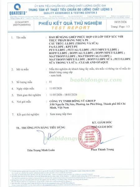 Phiếu kiểm nghiệm vệ sinh an toàn thực phẩm cho lớp bao bì tiếp xúc trực tiếp