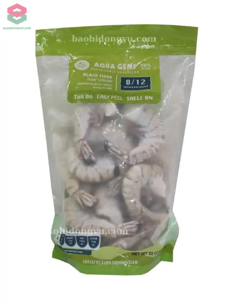 túi zip đáy đứng đựng tôm đông lạnh hút chân không in ống đồng chừa phần trong suốt thấy sản phẩm bên trong chuẩn xuất khẩu
