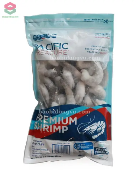 bao bì tôm đông lạnh hút chân không in ống đồng chừa cửa sổ thấy sản phẩm bên trong chuẩn xuất khẩu