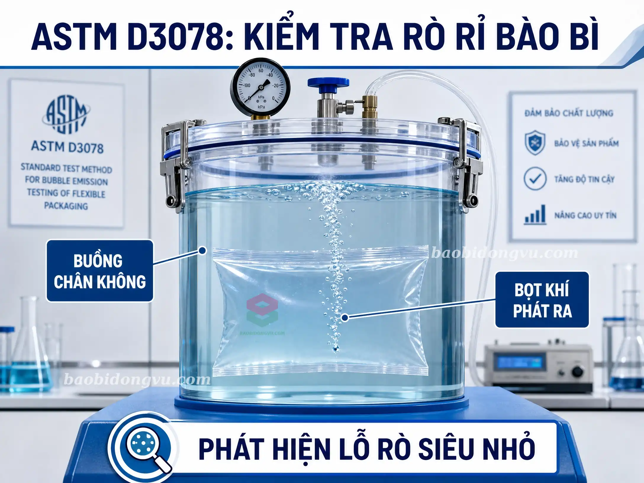 ASTM D3078 - phương pháp kiểm tra rò rỉ bao bì bằng buồng chân không