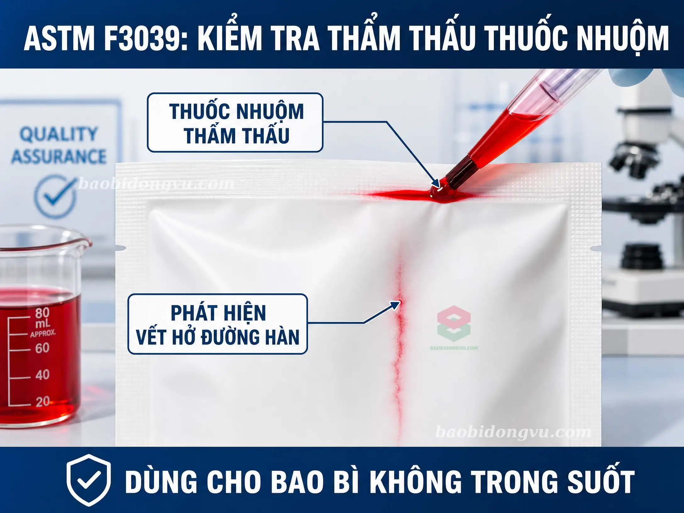 ASTM F3039 - Phương pháp kiểm tra độ kín của bề mặt bao bì bằng thuốc nhuộm màu