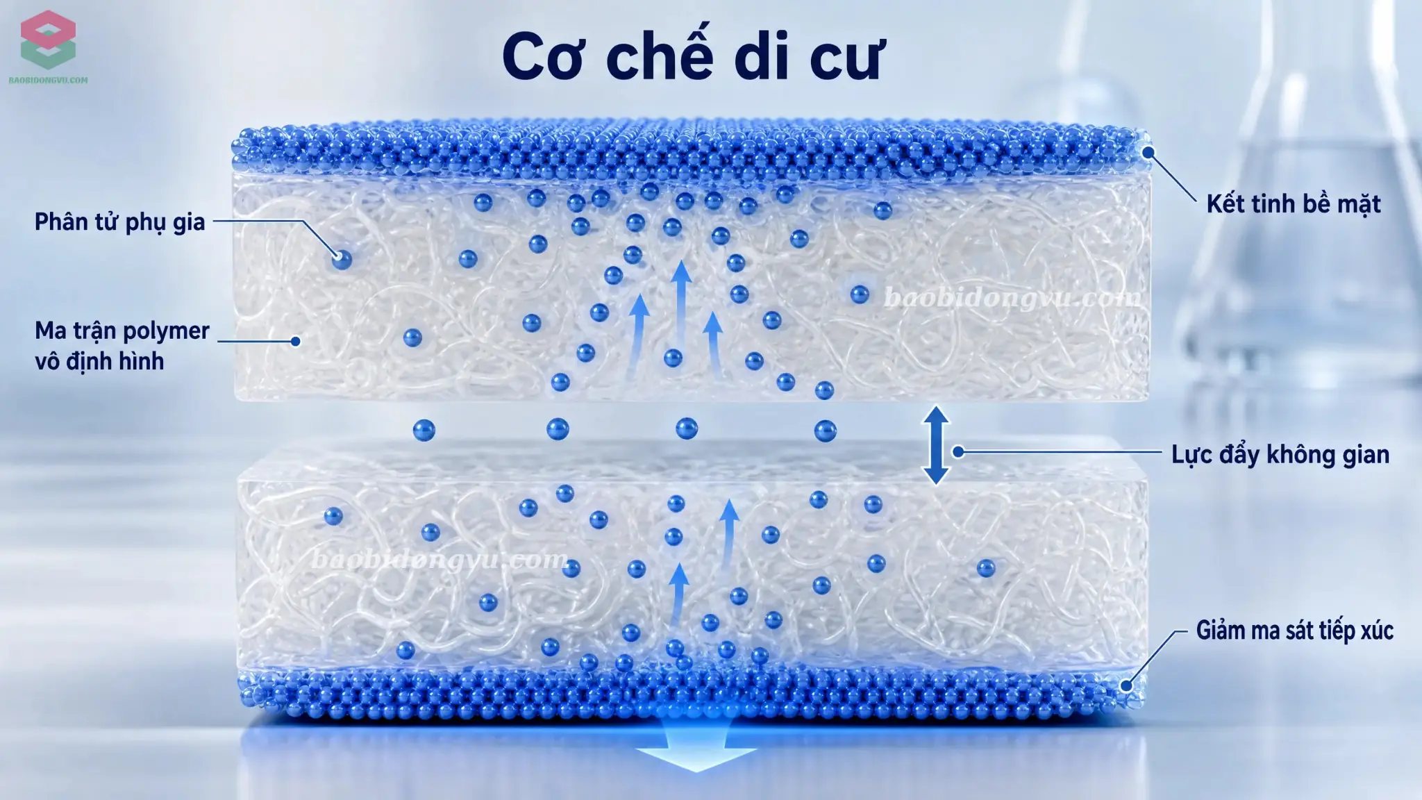 Phân tử phụ gia trượt amide béo khuếch tán qua mạng lưới vô định hình của polymer