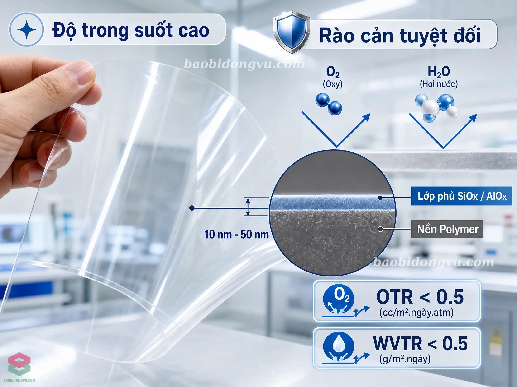 Màng nhựa được phủ alox hoặc siox có chỉ số kháng nước và không khí cao, đồng thời giữ được độ trong suốt quang học tốt