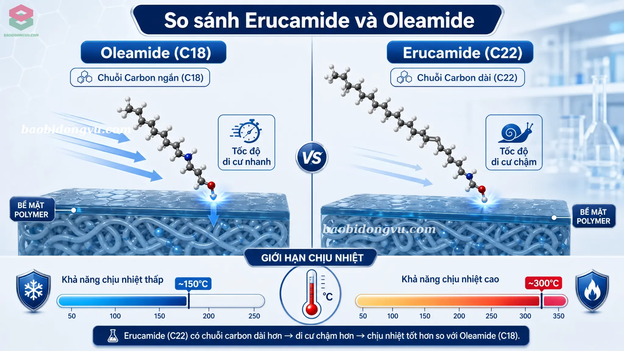 Cấu trúc hóa học chuỗi carbon của Erucamide (C22) và Oleamide (C18) trong môi trường chịu nhiệt