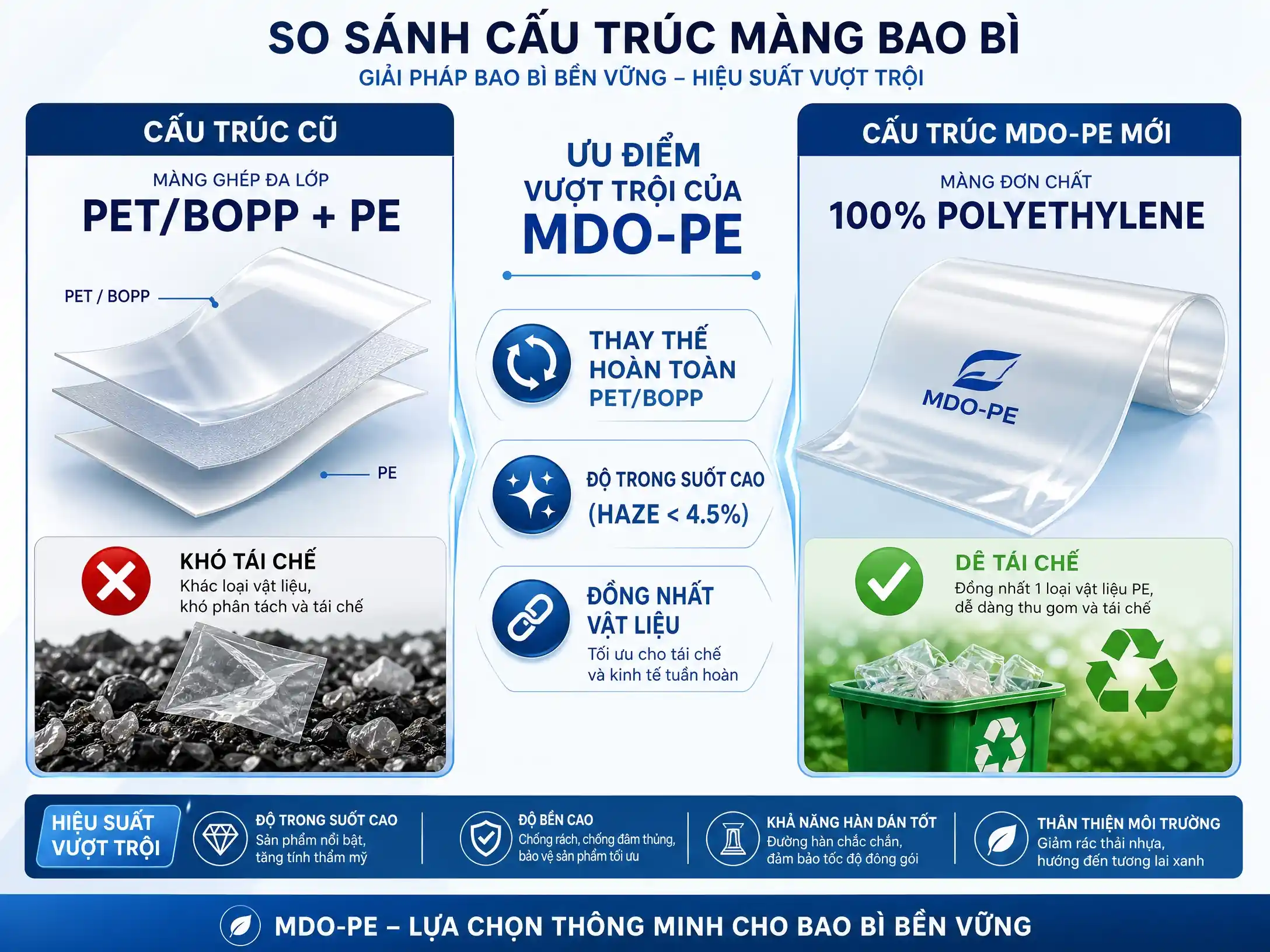 Bảng so sánh thông số kỹ thuật giữa màng MDO-PE và màng PET BOPP