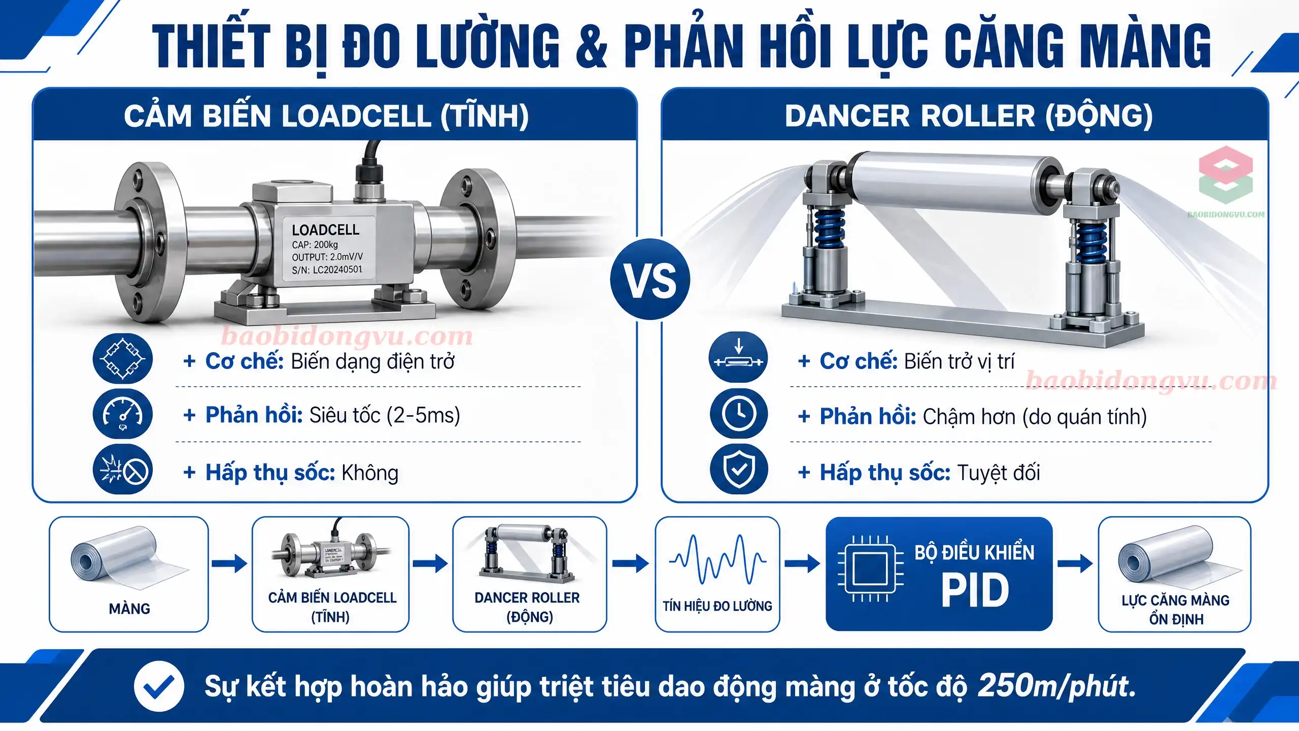 Cảm biến Loadcell và Dancer Roller đo lường phản hồi lực căng màng dẻo tại trạm xả cuộn