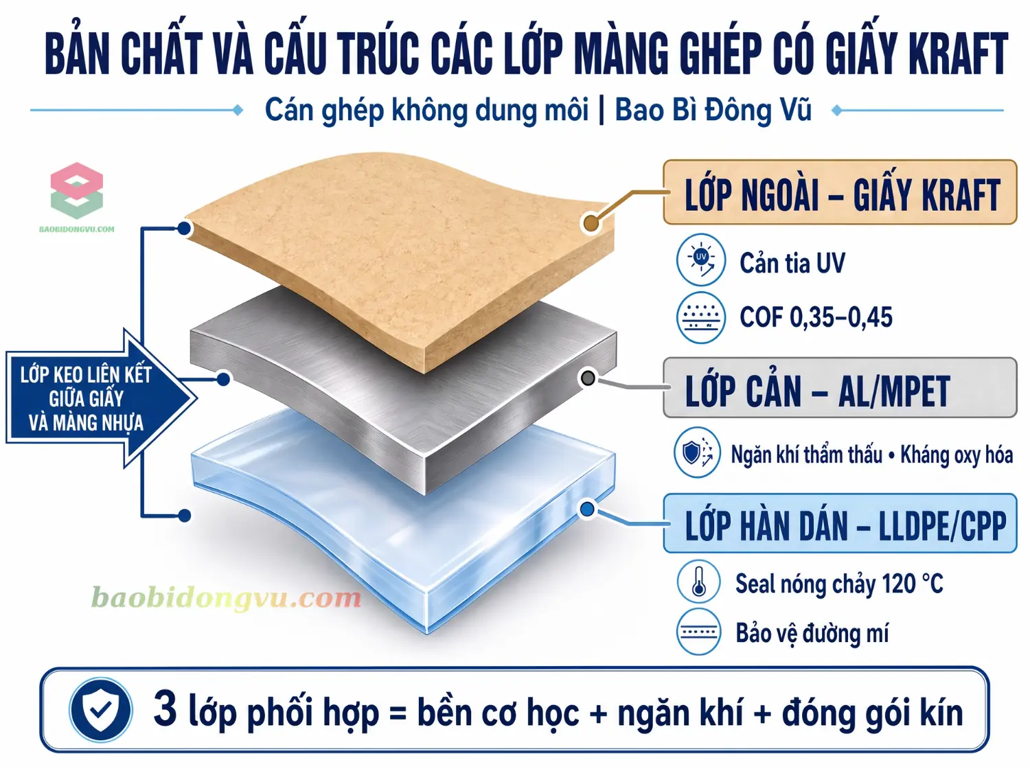 Túi giấy Kraft ghép màng phân bố các lớp vật liệu chịu lực kéo tĩnh