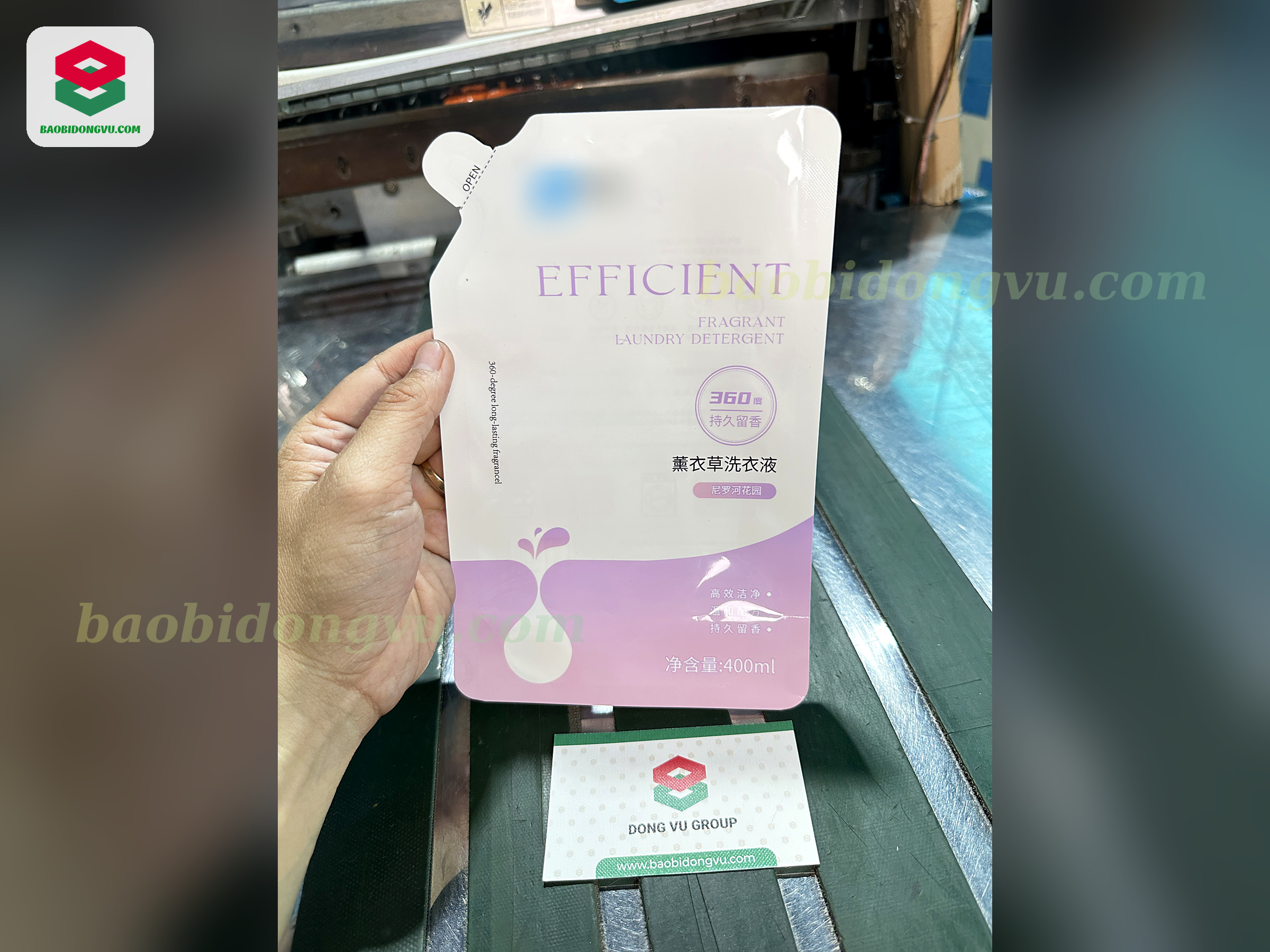 White and lilac 400 ml corner spout pouch for laundry detergent, flexible packaging made in Vietnam