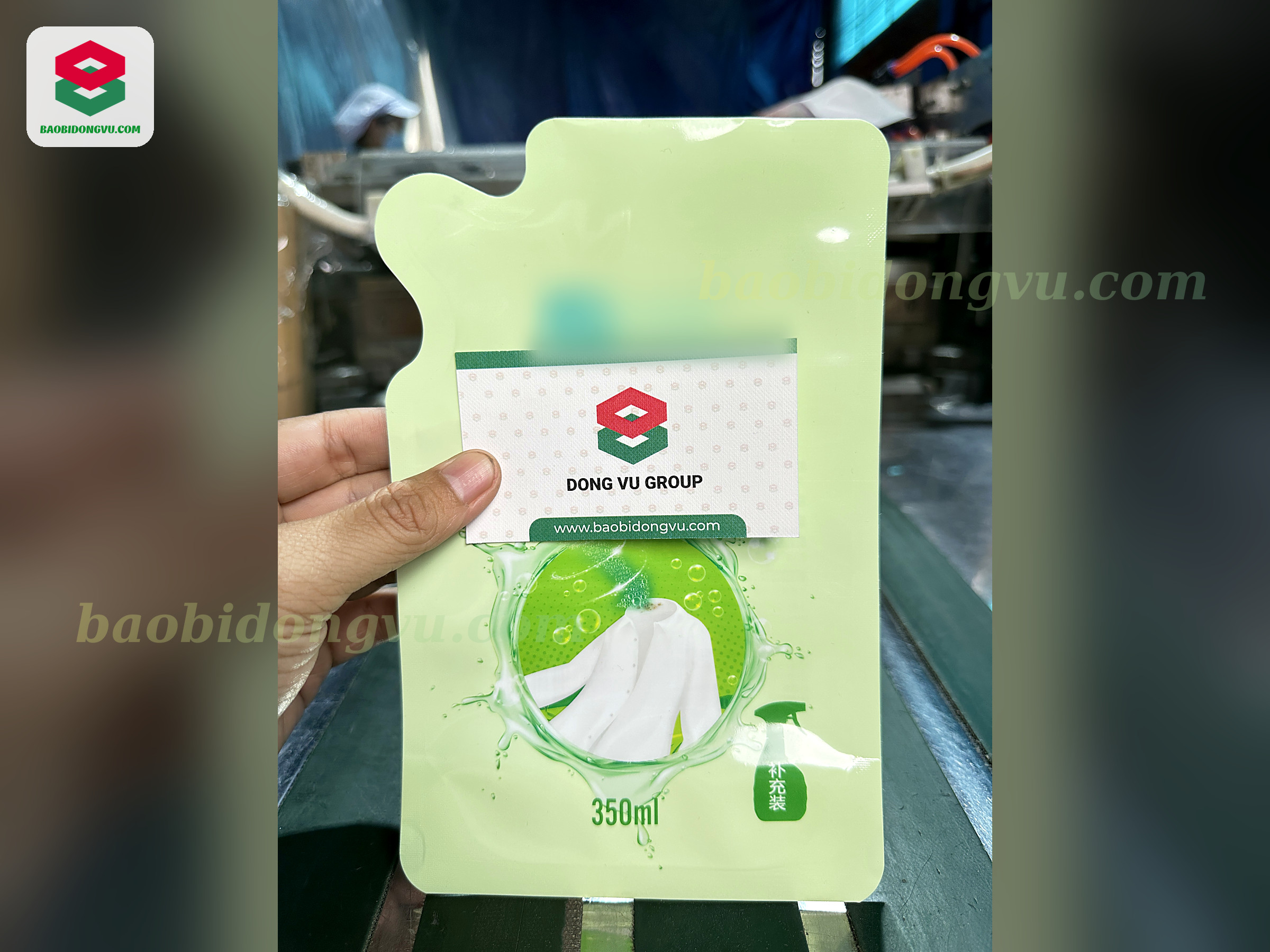 Light green die-cut shaped 350 ml refill pouch for a laundry stain remover, custom printed in Vietnam
