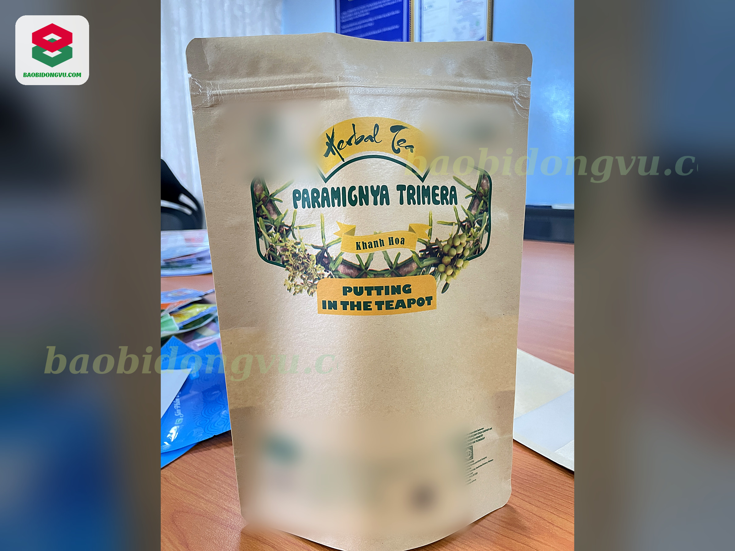 Kraft paper stand-up zipper pouch printed for herbal tea, matte finish, Dong Vu Packaging factory in Vietnam
