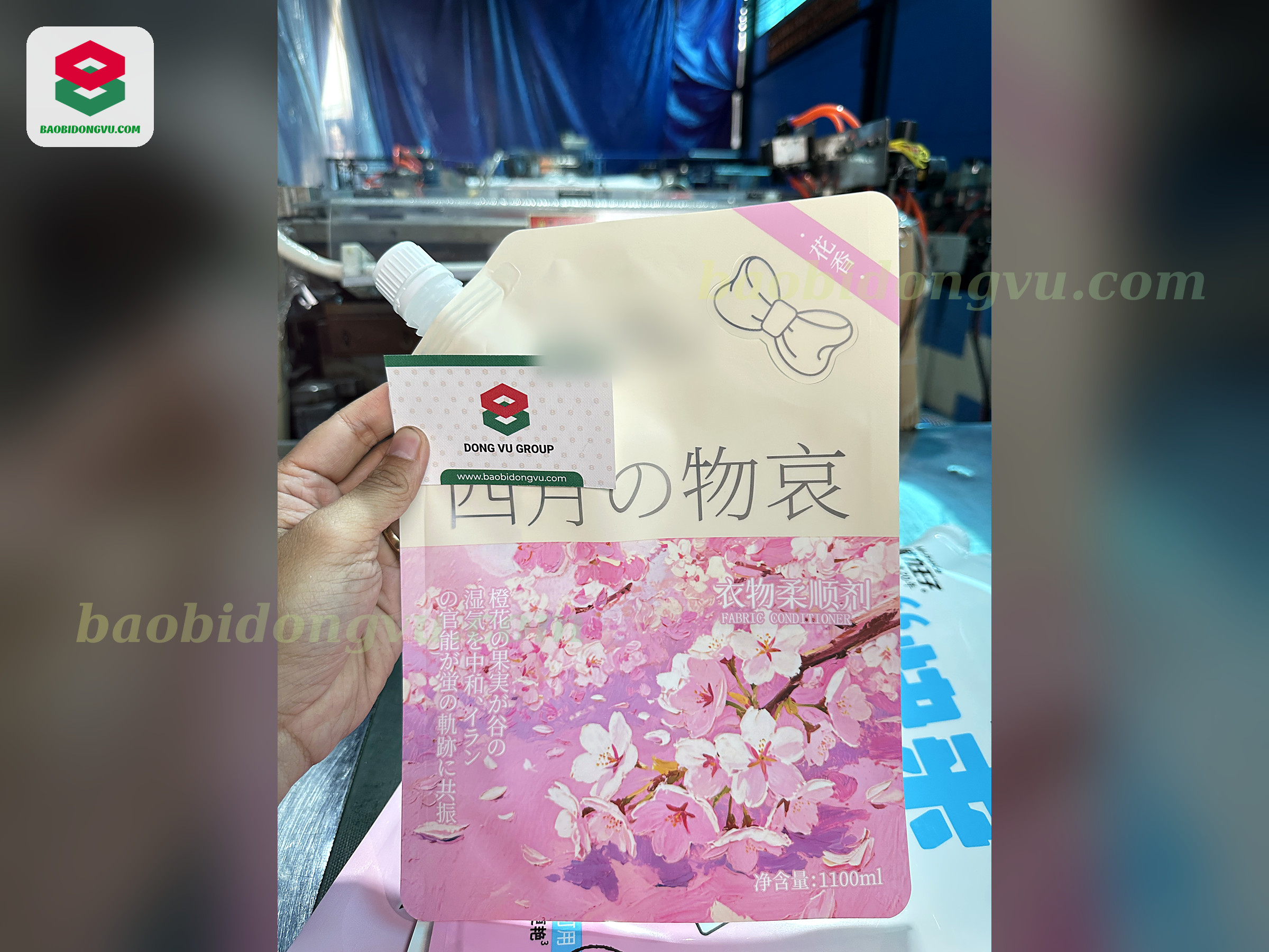 Cherry blossom printed 1.1 litre fabric conditioner spout pouch with matte finish, Dong Vu Packaging