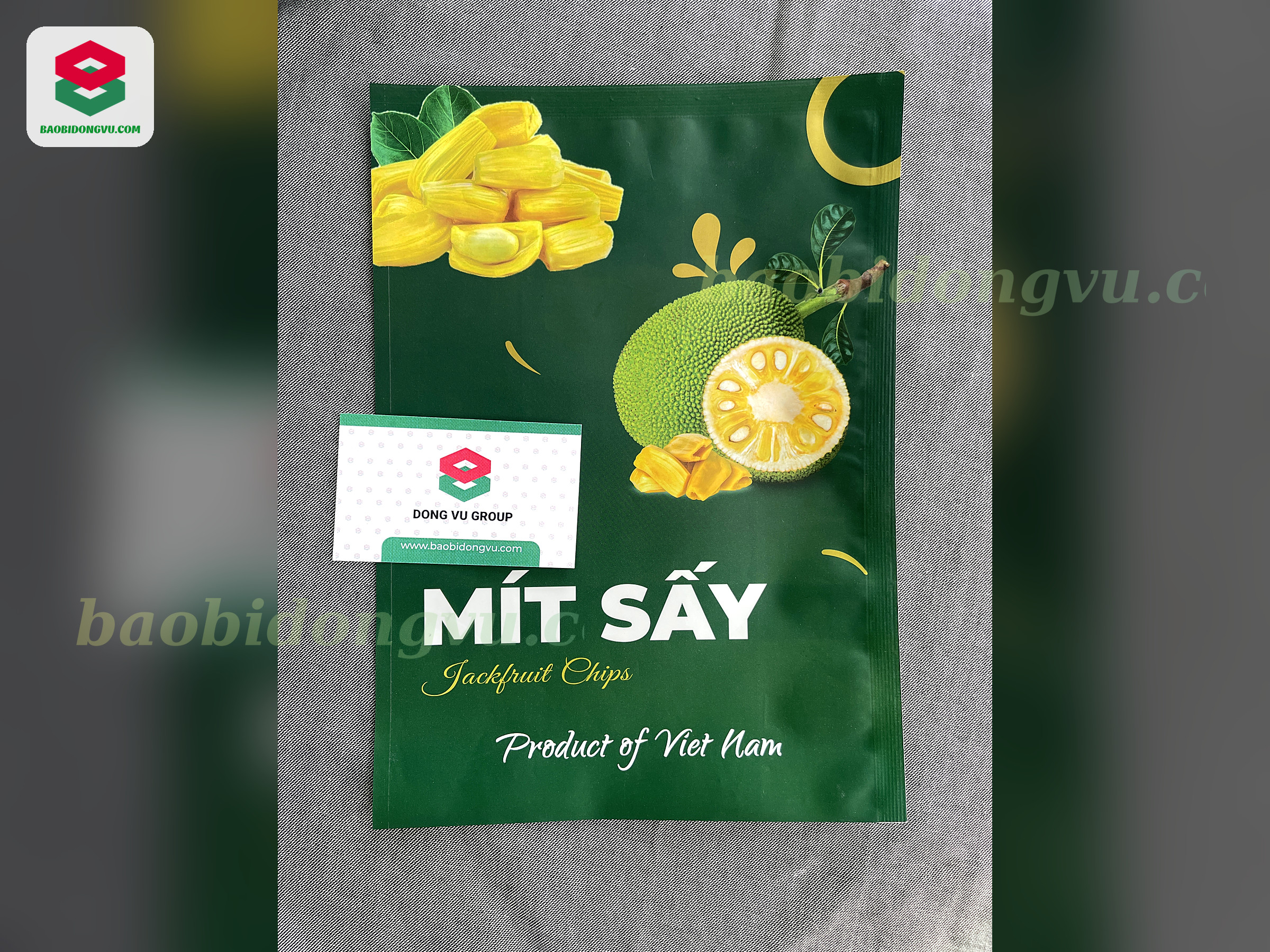Dark green matte stand-up pouch with full-colour rotogravure print, custom made by Dong Vu Packaging