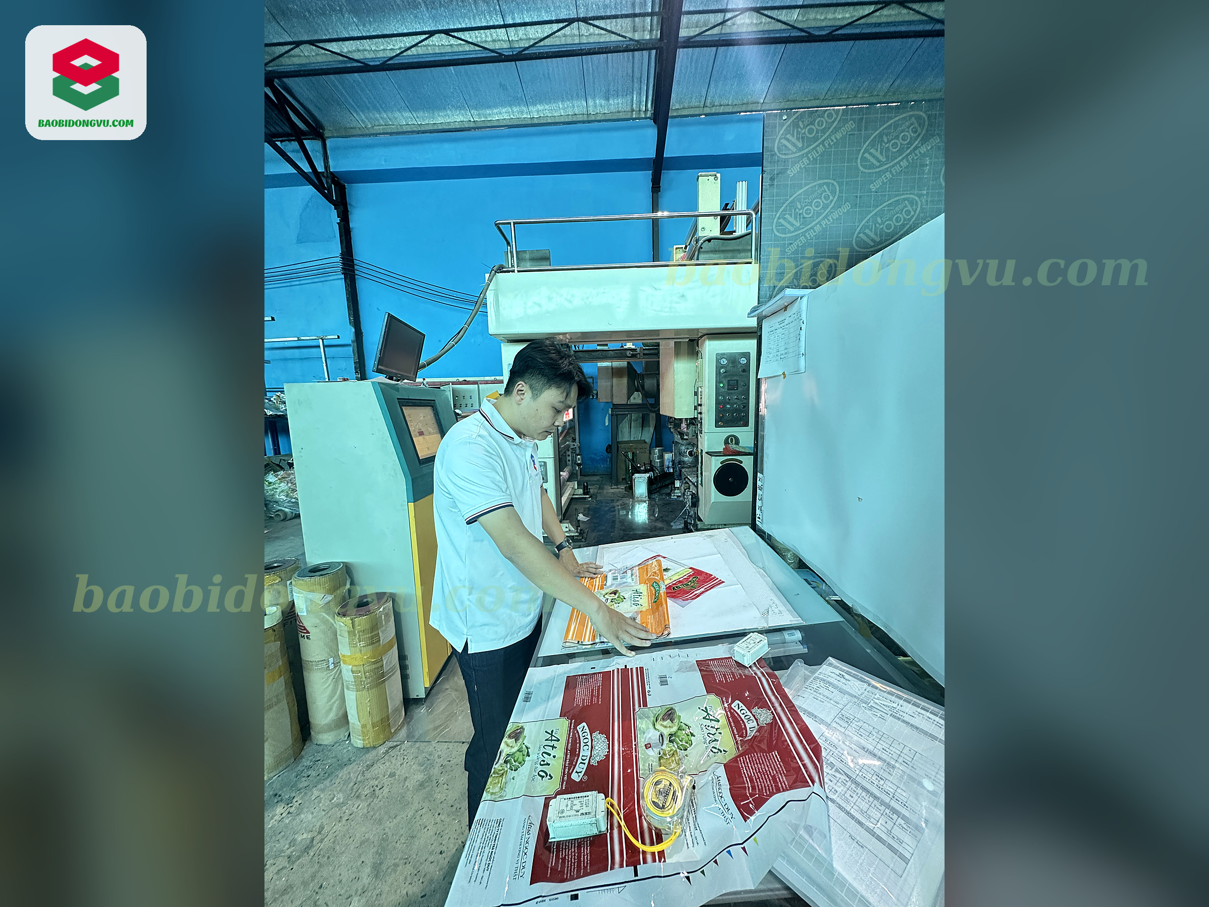 Dong Vu Packaging staff checking printed film against the approved proof at the rotogravure press