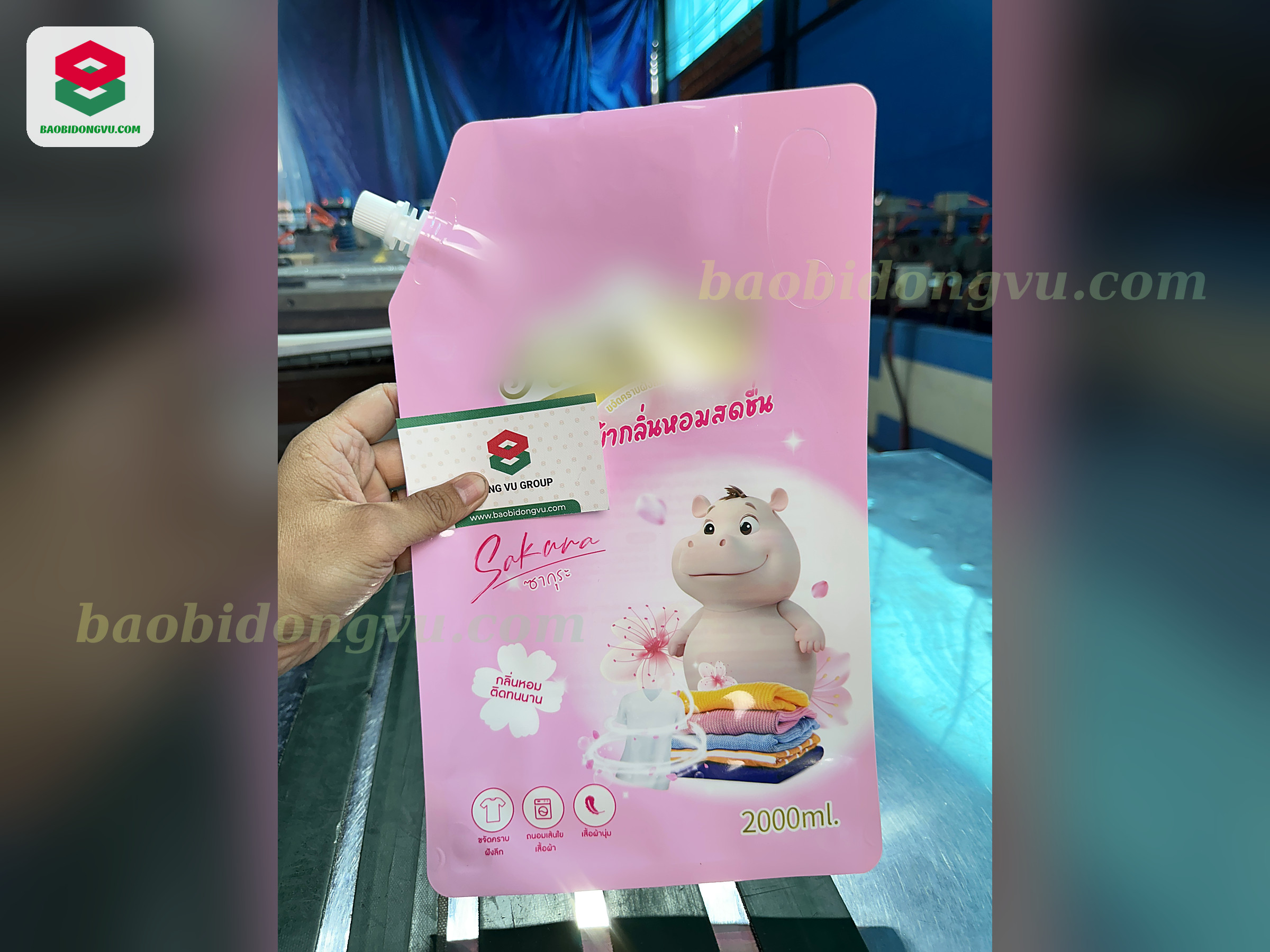 Pink 2 litre fabric softener refill spout pouch with cartoon print, rotogravure printed in Vietnam