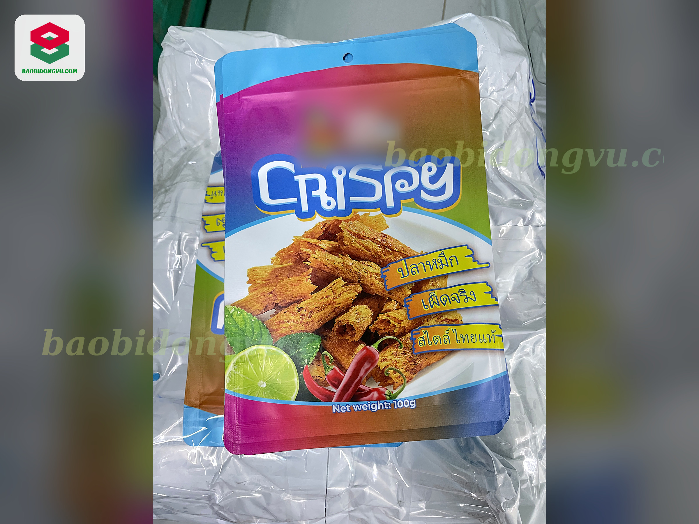 Resealable stand-up zipper pouch for crispy squid snack with vibrant print, made in Vietnam
