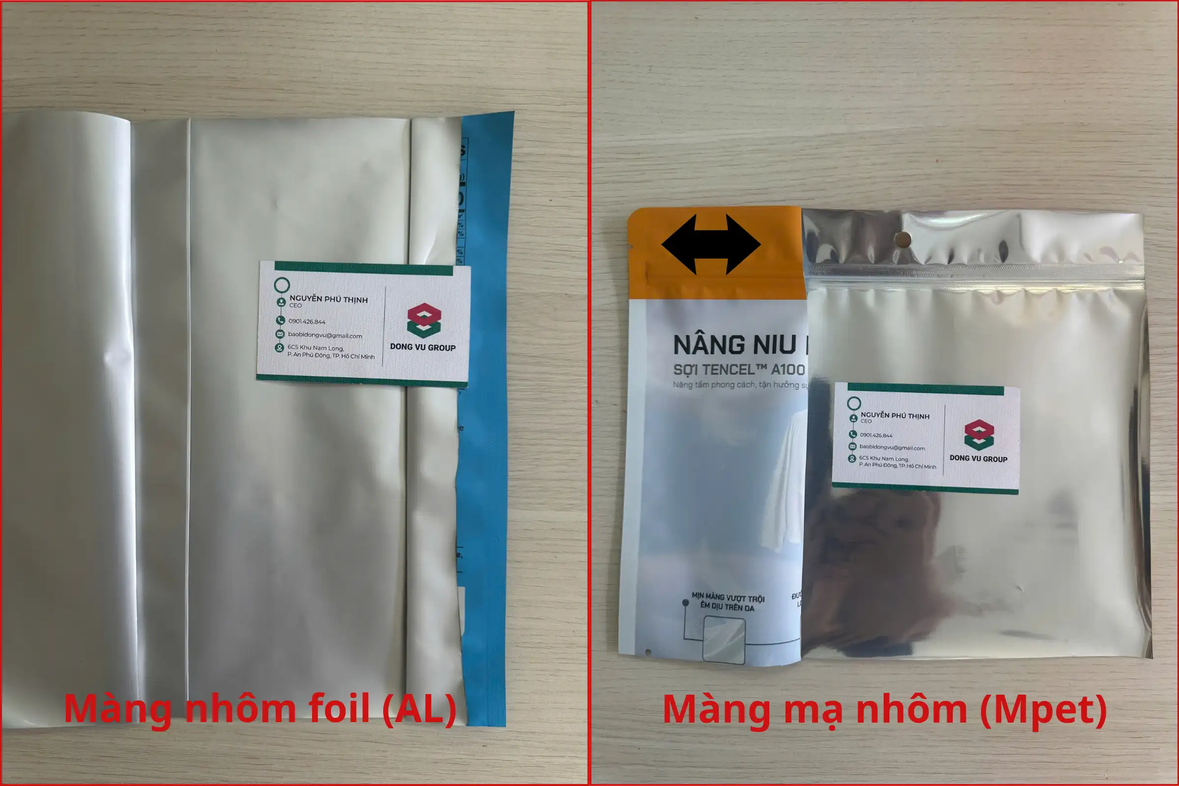 hình ảnh mặt trong túi được ghép màng nhôm AL (ảnh bên trái) và mặt trong túi được ghép màng bạc Mpet (ảnh bên phải).
