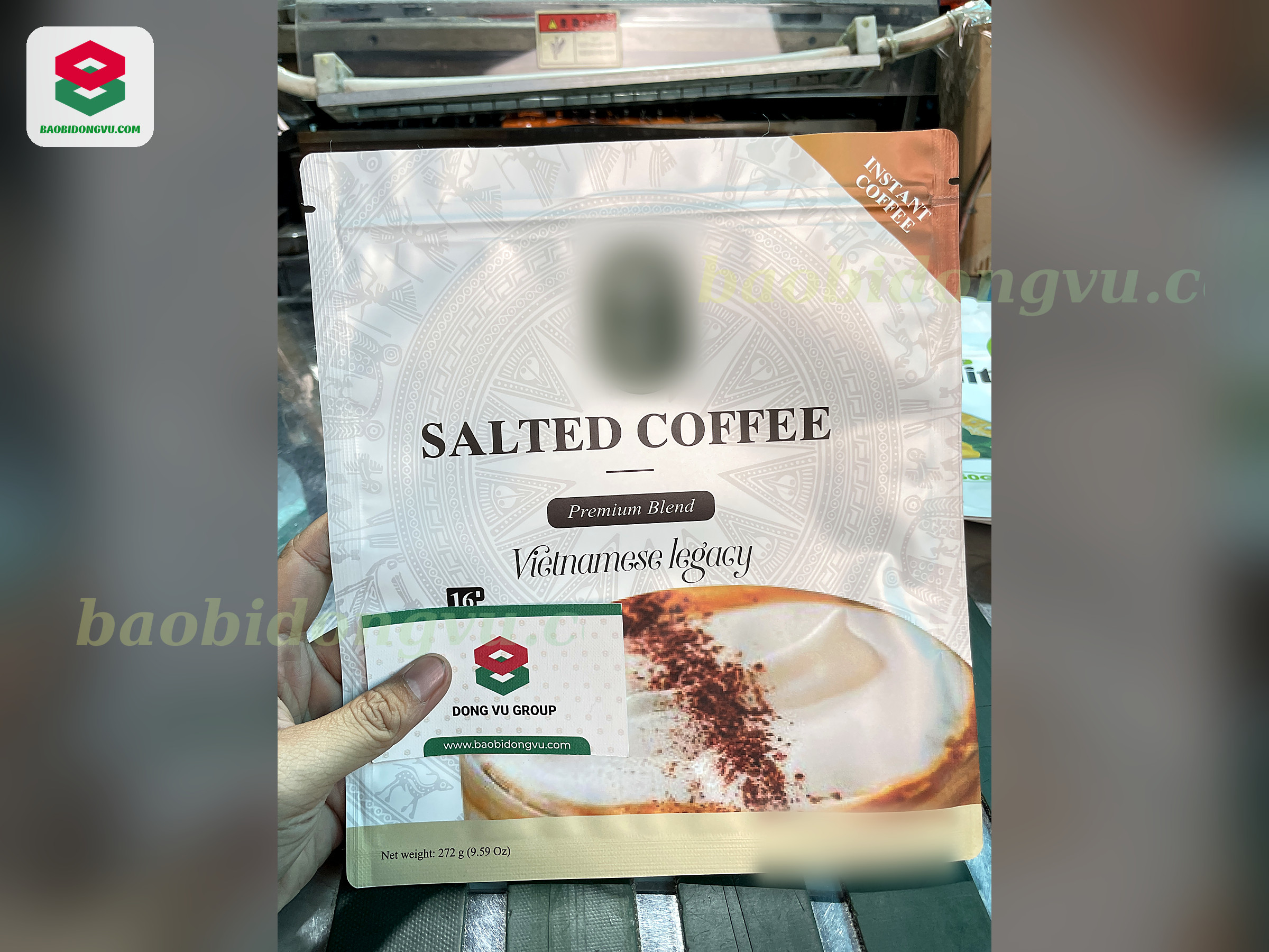 Pearl white stand-up pouch for instant coffee with premium print, custom coffee packaging by Dong Vu Packaging