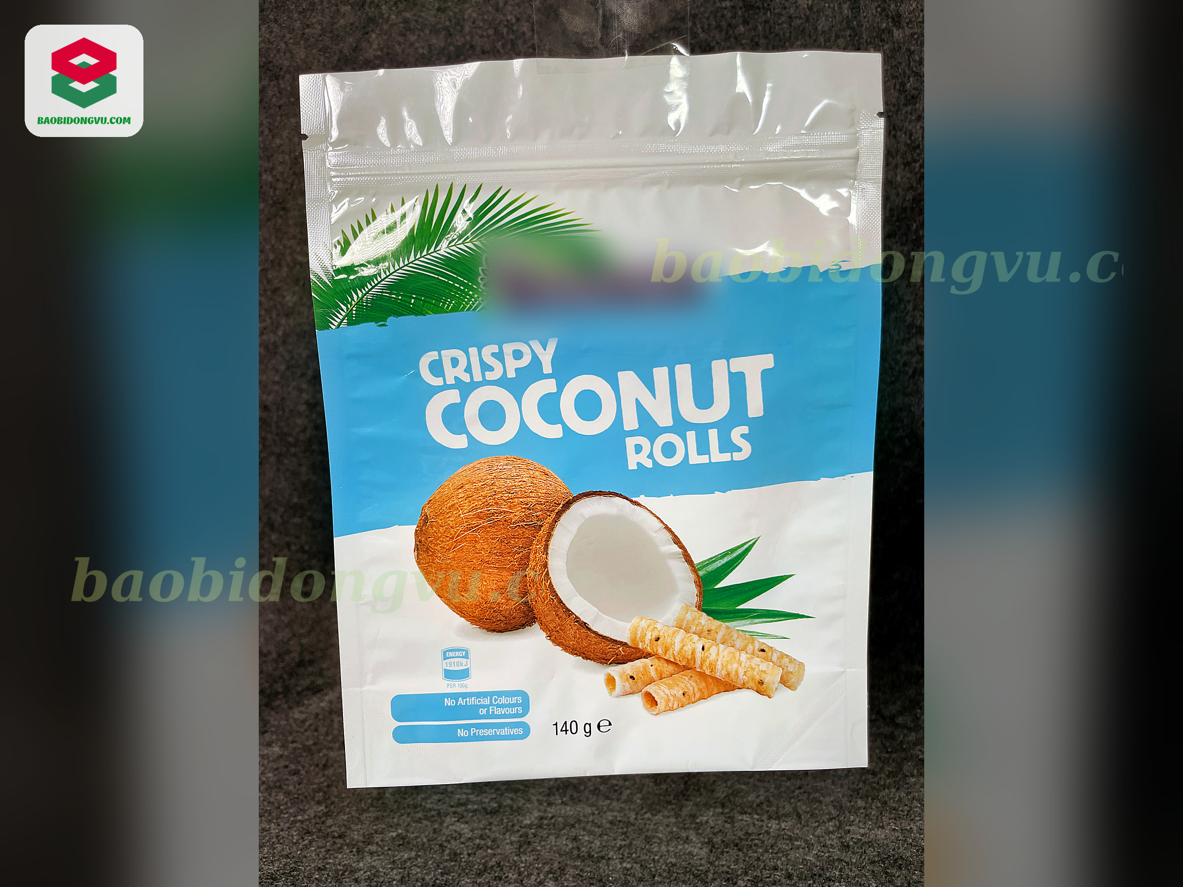 White and blue stand-up zipper pouch for coconut rolls, rotogravure printed by Dong Vu Packaging