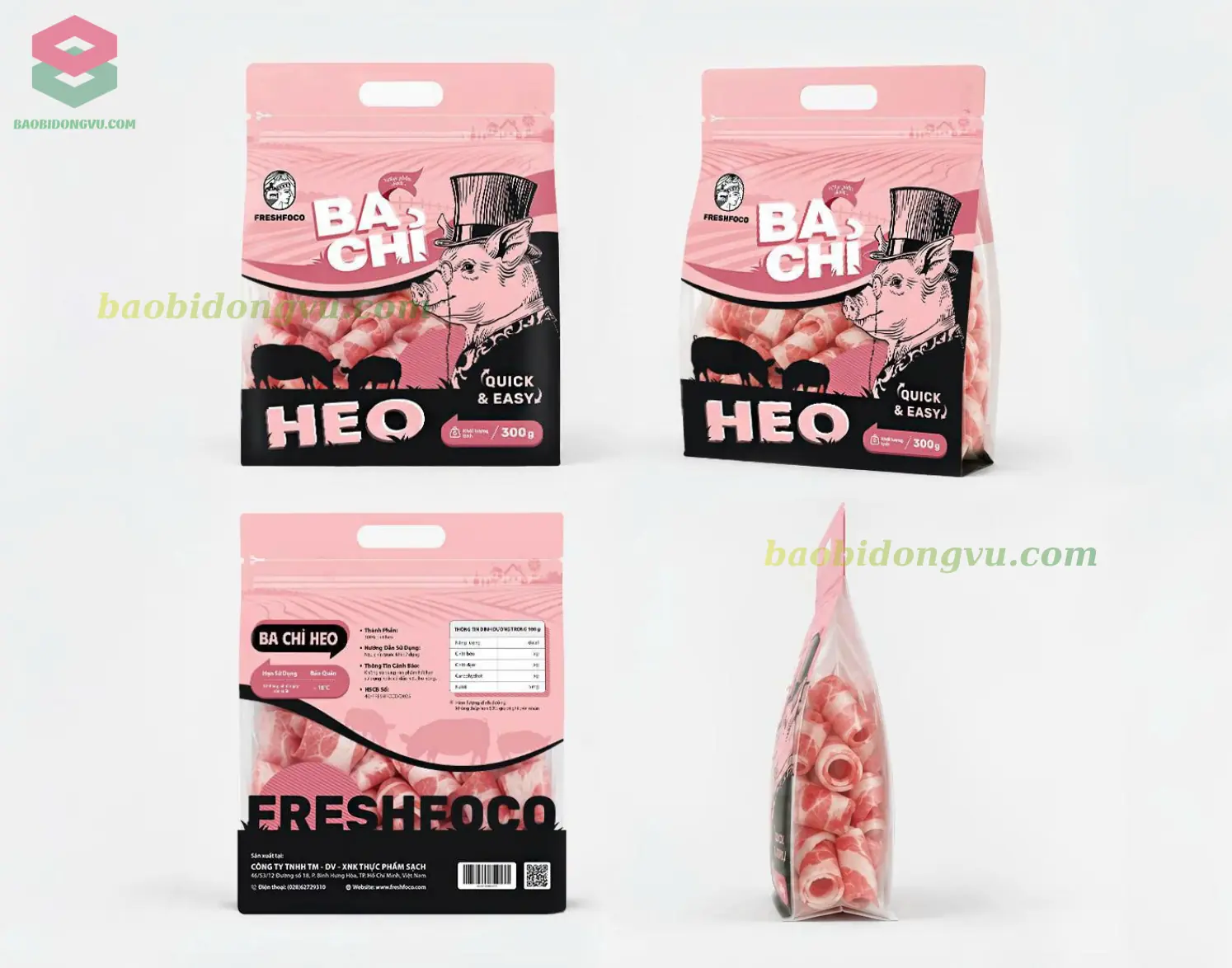 Túi zip 8 cạnh hút chân không có quai xách, ô trong suốt đựng ba chỉ heo cuộn 300 g, ảnh dựng 3D ba mặt